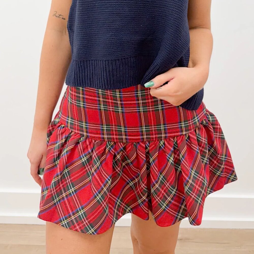 "SO ME" PLAID MINI BALLOON SKIRT WITH SIDE INVISIBLE ZIPPER AND SHORTS LINING - Picture 3 of 8
